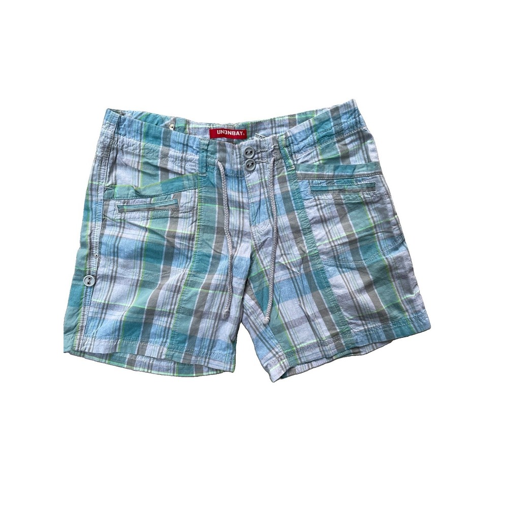 Unionbay Women's‎ Plaid Shorts Size 7 Turquoise Gray 100% Cotton Mid Rise
